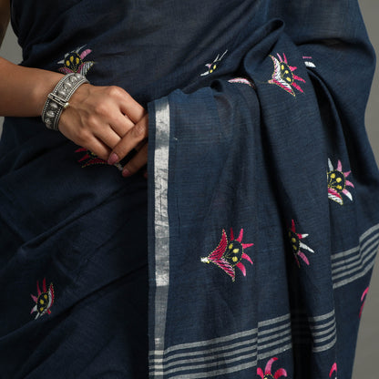 Blue - Bengal Kantha Embroidery Handloom Cotton Saree