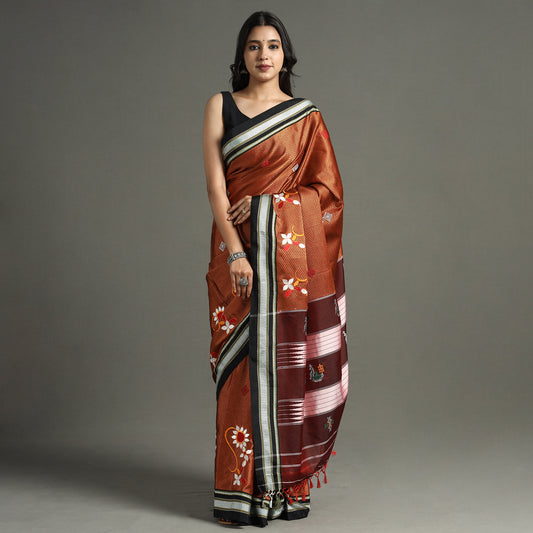 Orange - Khun Weave Silk Cotton Saree with Thread Border 06