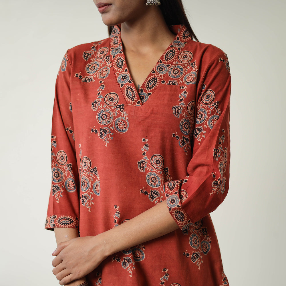 Red - Block Printed Cotton Straight Ajrakh Kurta 17