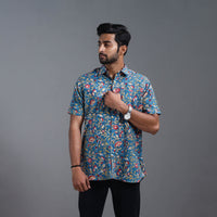 Blue - Sanganeri Block Printed Cotton Men Half Sleeve Shirt 11