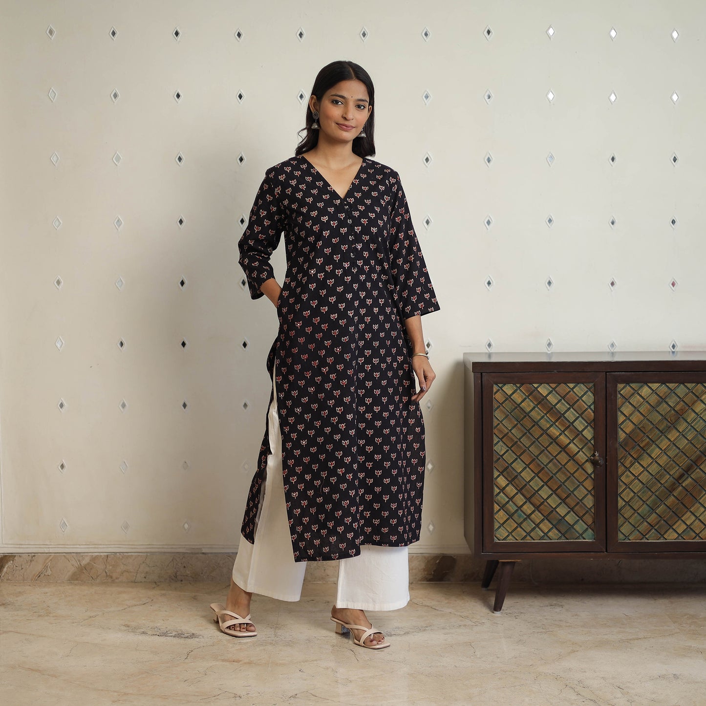 Black - Sequins Work Cotton Straight Ajrakh Print Kurta 03