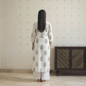 White Block Print Cotton Straight Sanganeri Kurta for Women 