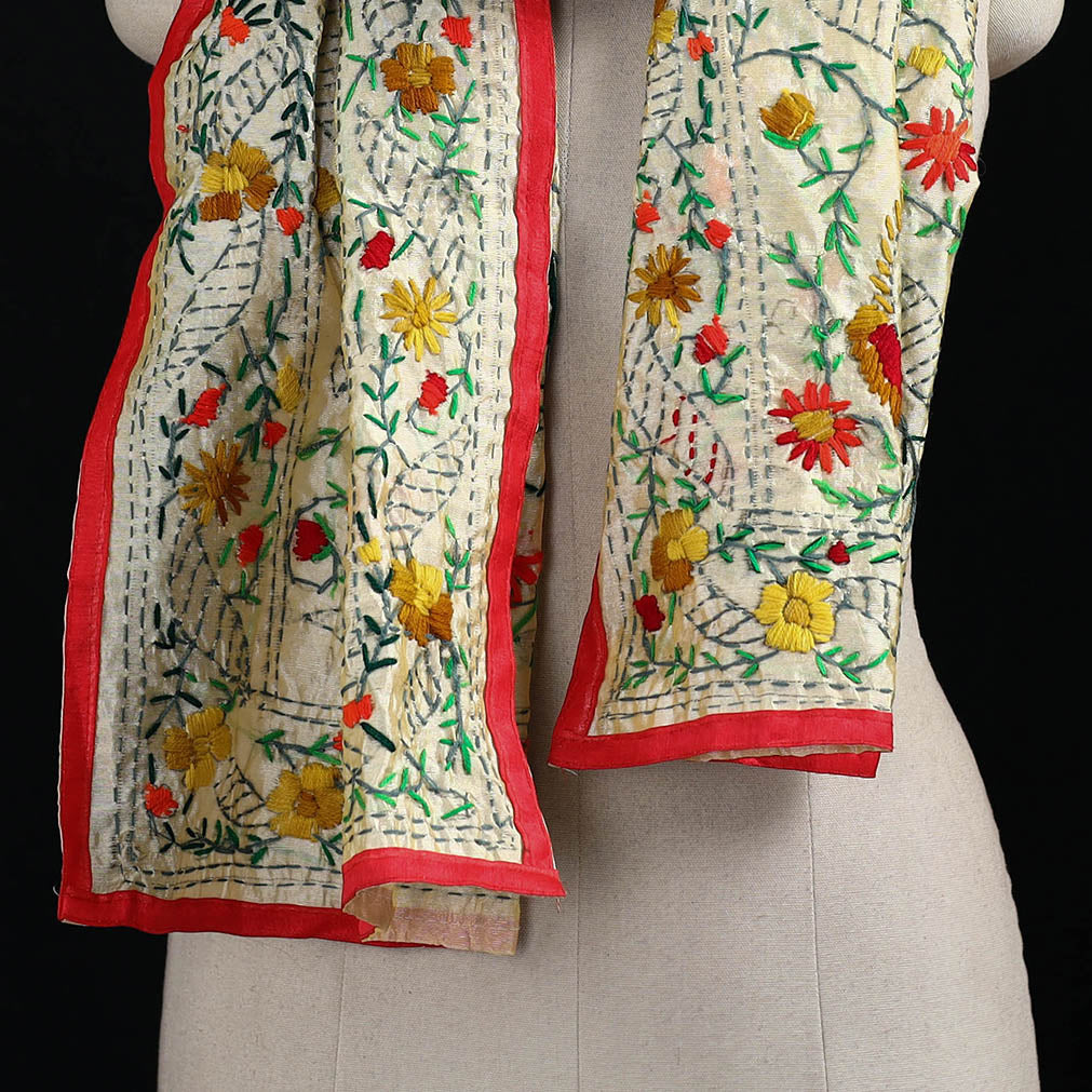 Beige - Ranihati Chanderi Silk Hand Embroidered Stole 103