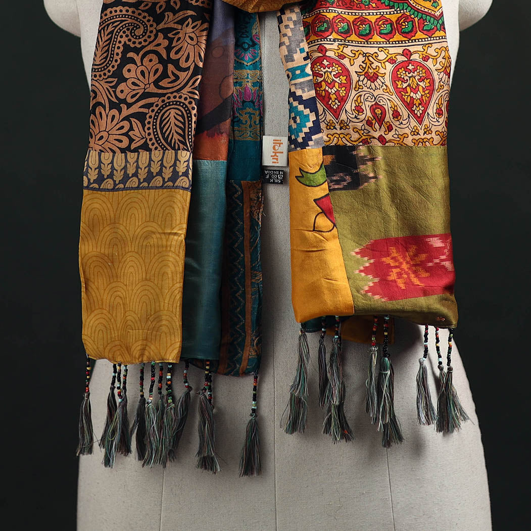 Pure Silk Reversible Patchwork Stole with Tassels 22