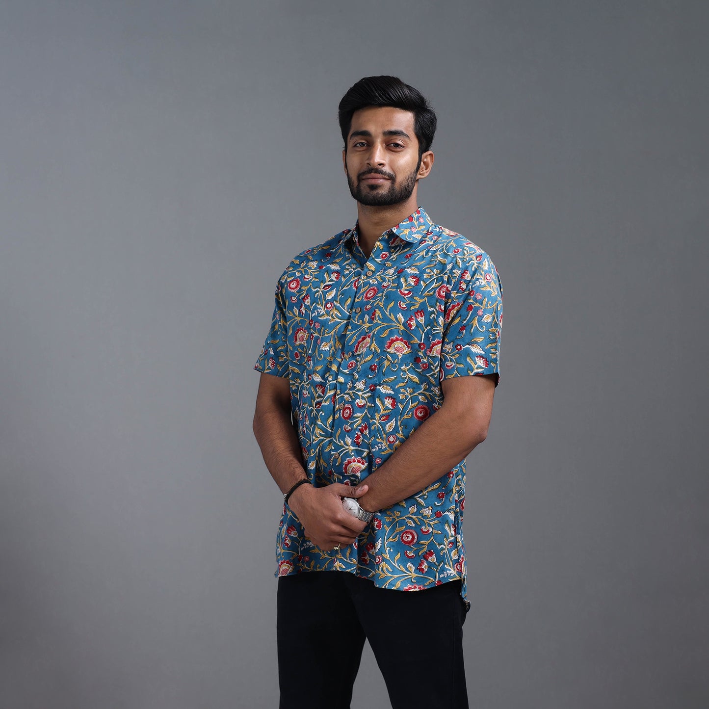 Blue - Sanganeri Block Printed Cotton Men Half Sleeve Shirt 11