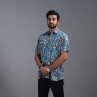 Blue - Sanganeri Block Printed Cotton Men Half Sleeve Shirt 11