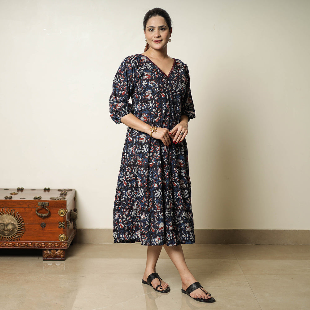 Blue - Bagru Block Printed Cotton Flared Dress 05