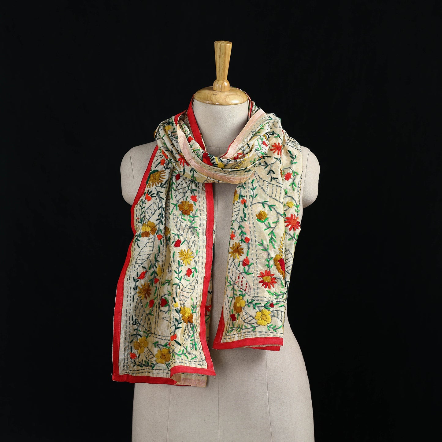 Beige - Ranihati Chanderi Silk Hand Embroidered Stole 103