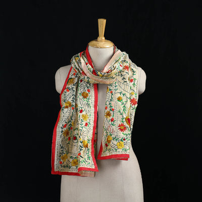 Beige - Ranihati Chanderi Silk Hand Embroidered Stole 103