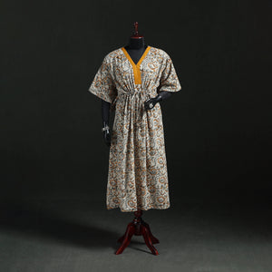 White - Kalamkari Hand Block Print Natural Dyed Cotton Kaftan (Long) 06