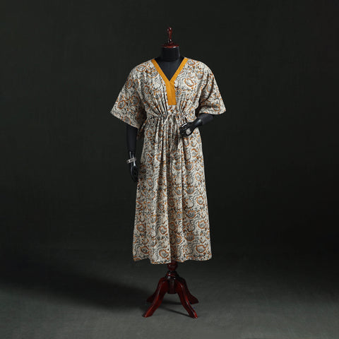 White - Kalamkari Hand Block Print Natural Dyed Cotton Kaftan (Long) 06