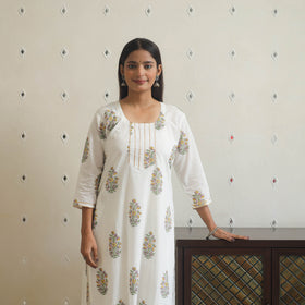 White Block Print Cotton Straight Sanganeri Kurta for Women 