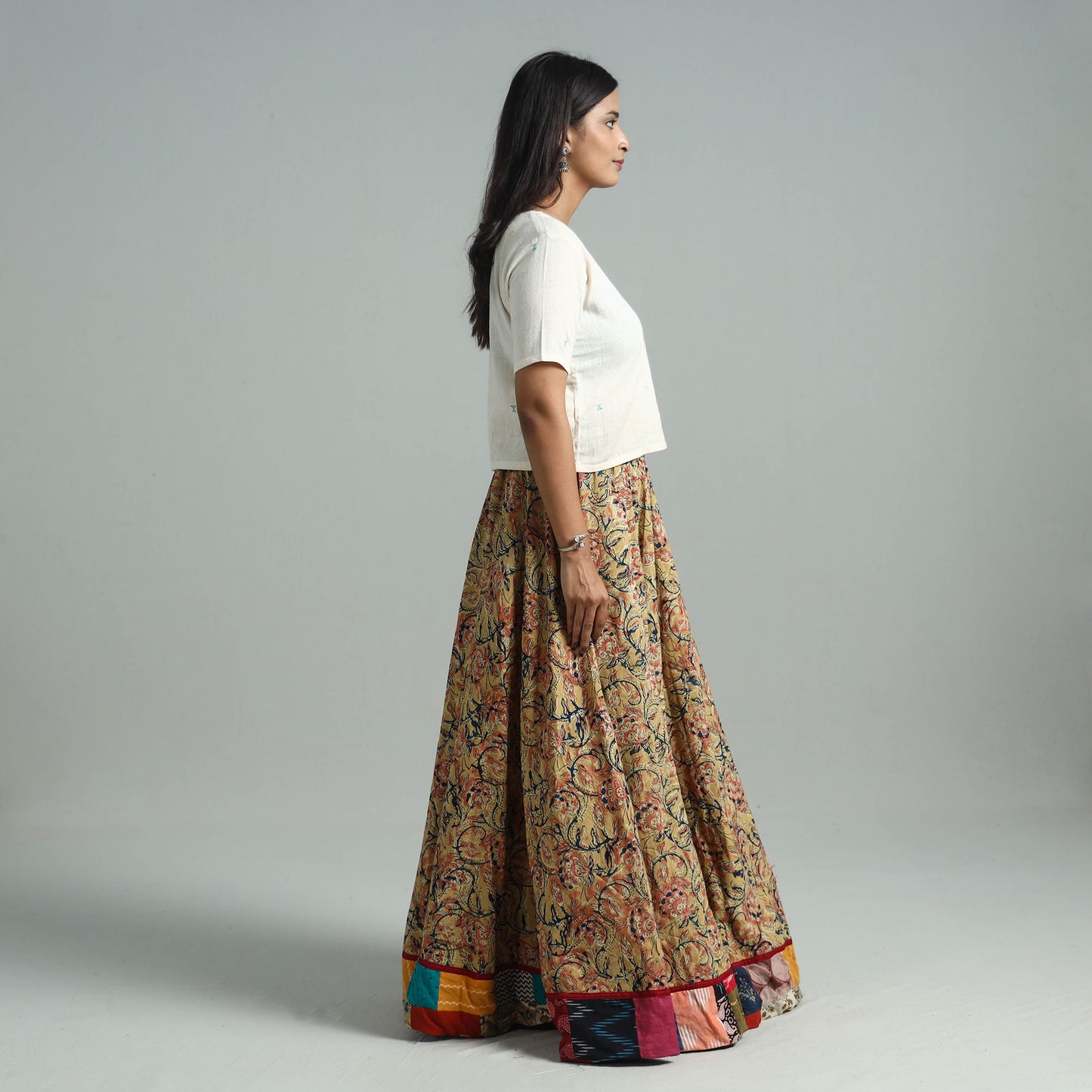 Yellow - Hand Block Printed Cotton Long Kalamkari Skirt 06