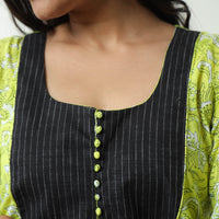 Green - Sanganeri Block Printed Cotton A-Line Kurta with Jacquard Patchwork 03