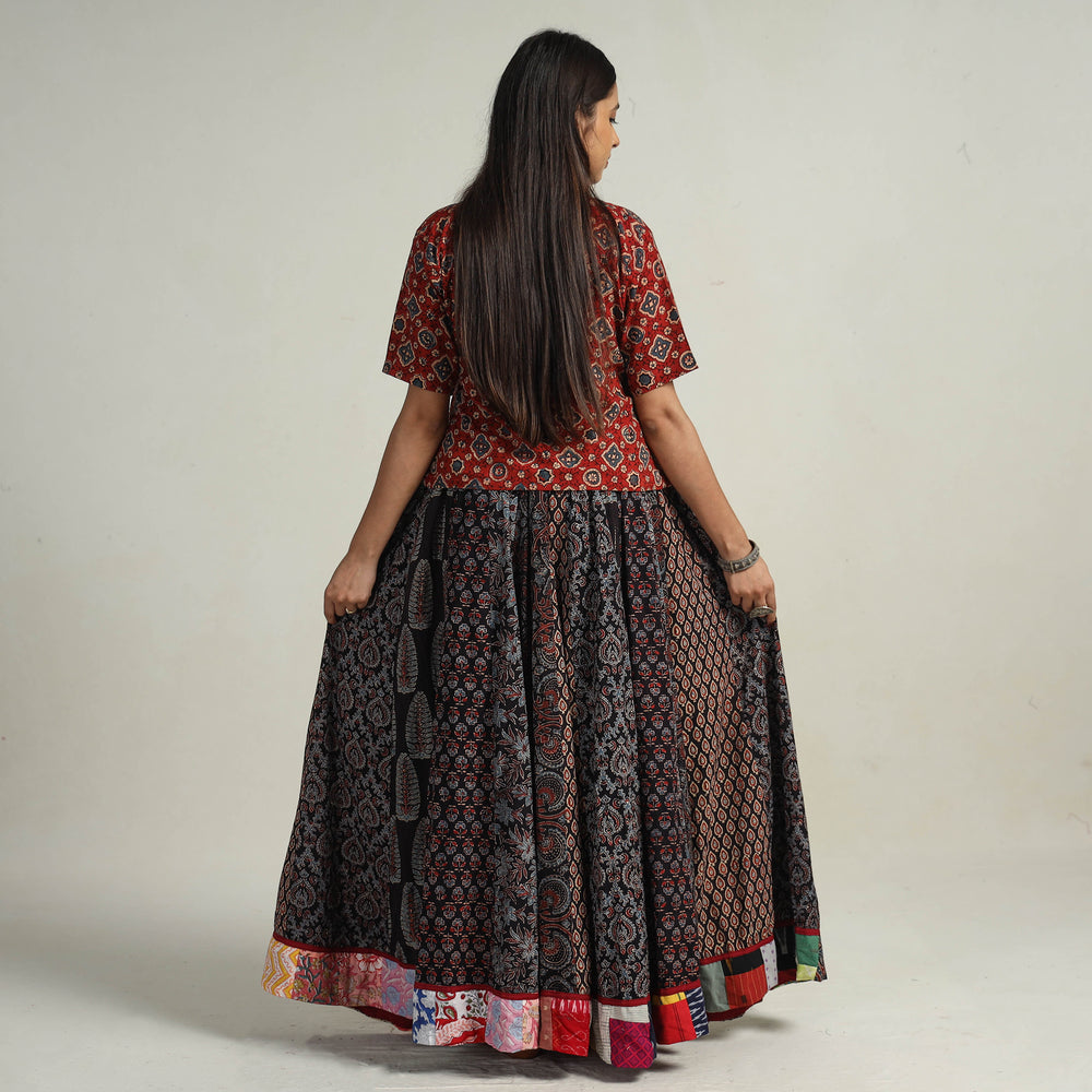 Multicolor - Kutch Block Printed 24 Kali Cotton Long Skirt 37