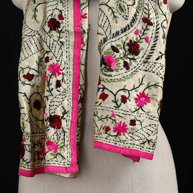 Beige - Ranihati Chanderi Silk Hand Embroidered Stole 104