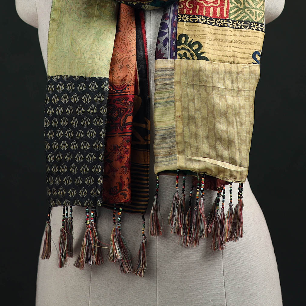 Pure Silk Reversible Patchwork Stole with Tassels 23