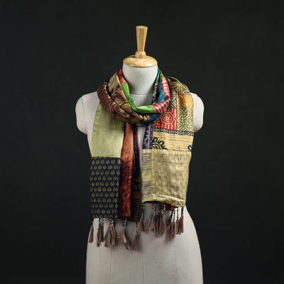 Pure Silk Reversible Patchwork Stole with Tassels 23