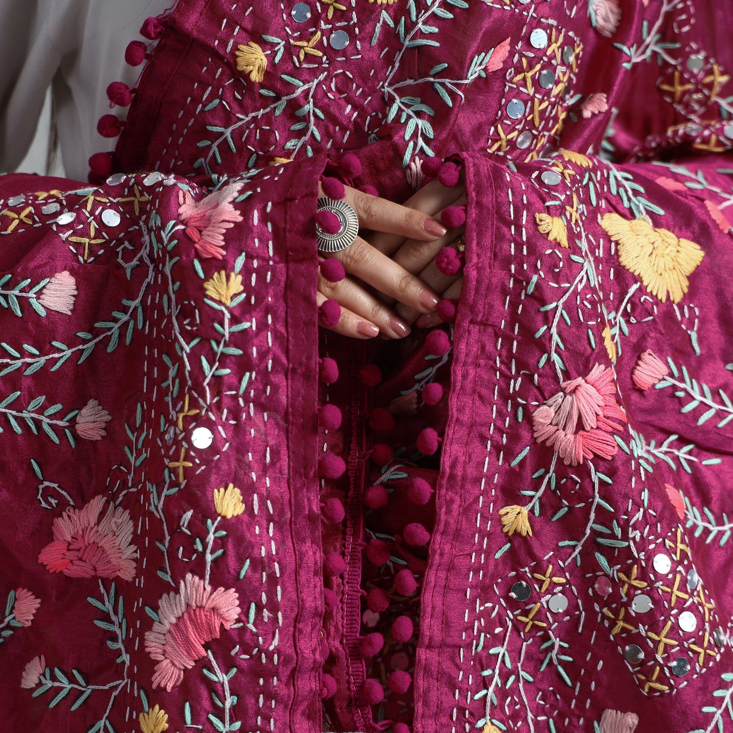Purple - Ranihati Chanderi Silk Chapa Work Phulkari Embroidered Dupatta with Pom Pom 58