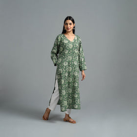 Buy Green Block Printed Cotton Straight Bagru Kurta
