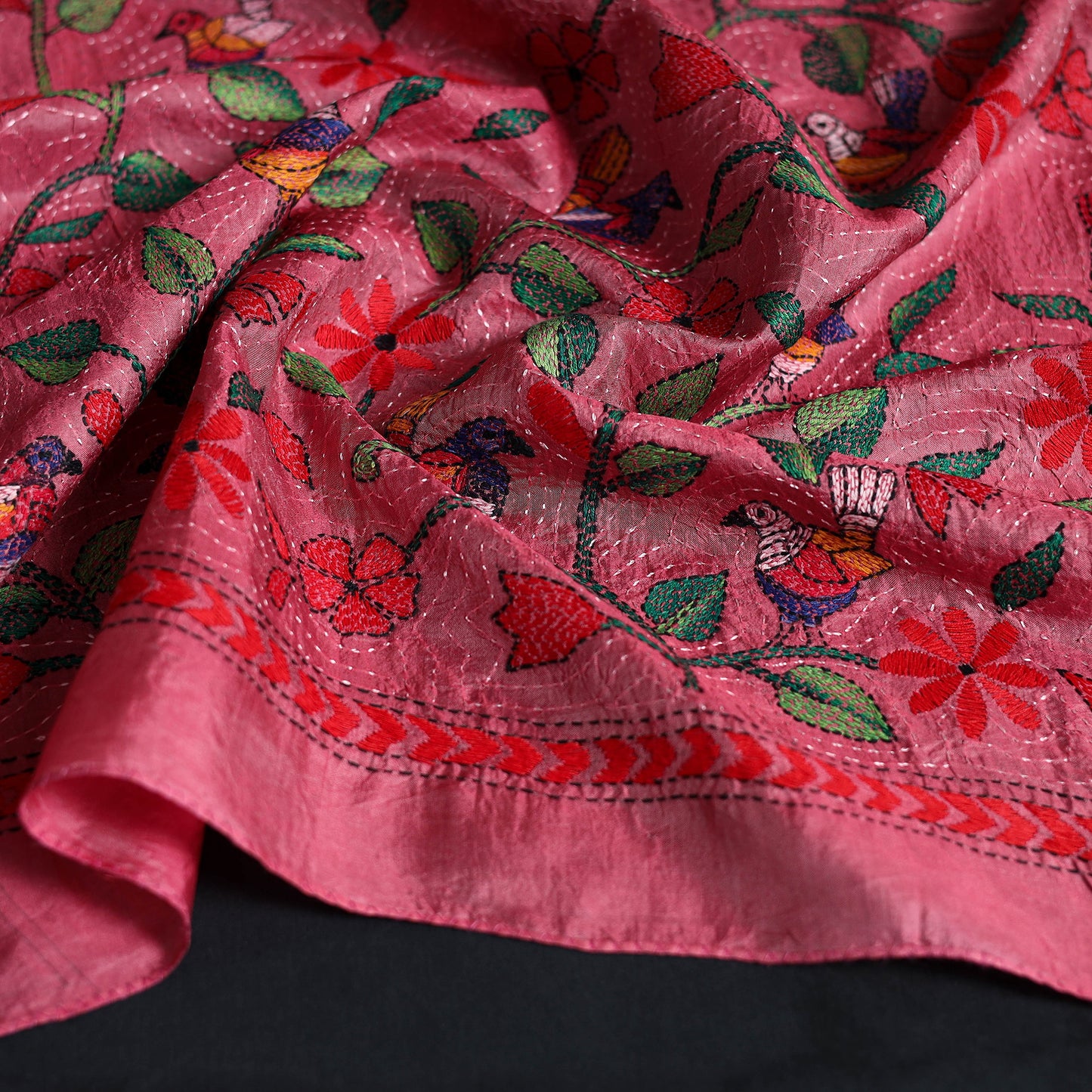 Pink - Handloom Silk Bengal Kantha Work Stole 21