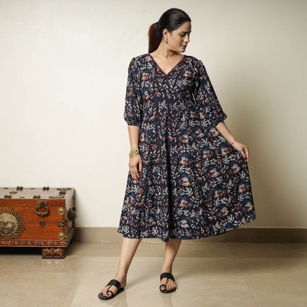 Blue - Bagru Block Printed Cotton Flared Dress 05