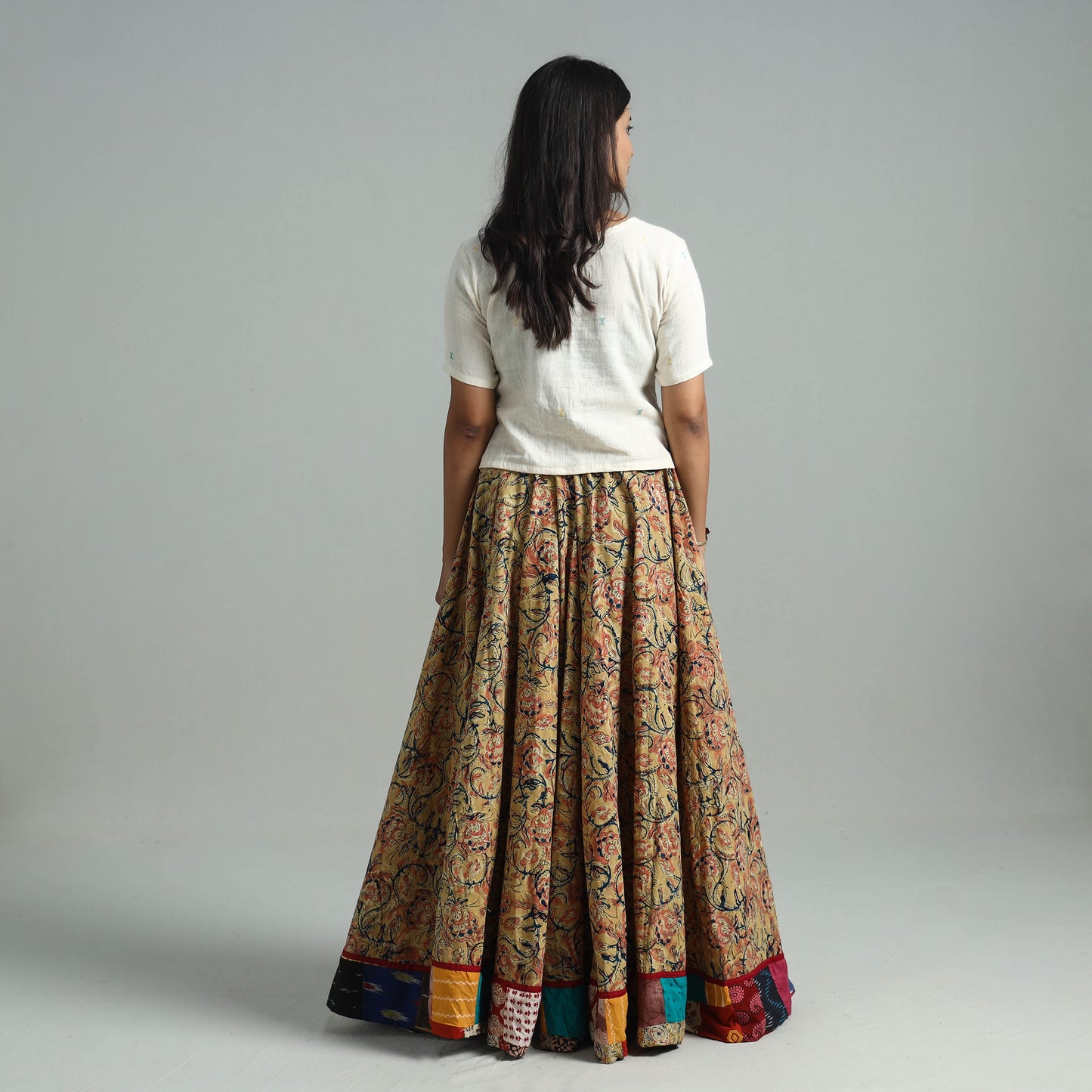 Yellow - Hand Block Printed Cotton Long Kalamkari Skirt 06