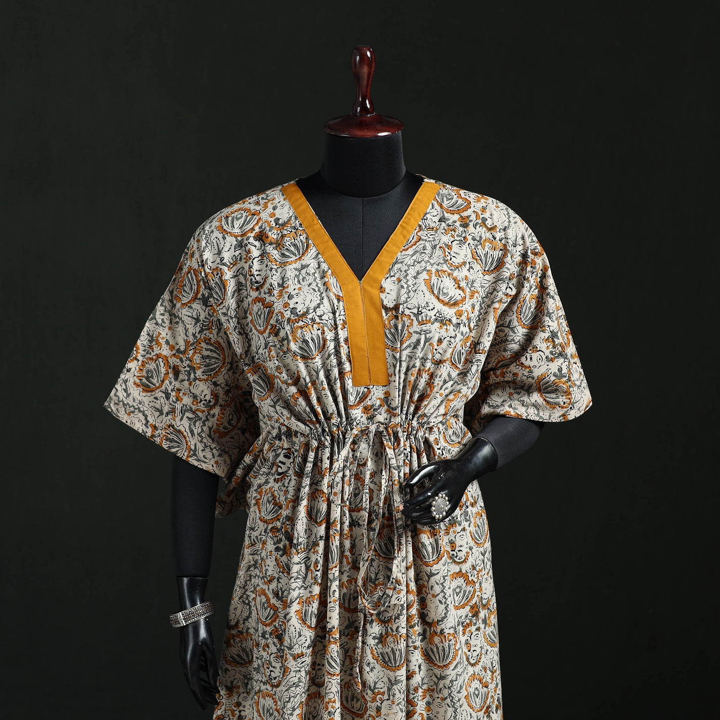 White - Kalamkari Hand Block Print Natural Dyed Cotton Kaftan (Long) 06