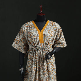 White - Kalamkari Hand Block Print Natural Dyed Cotton Kaftan (Long) 06