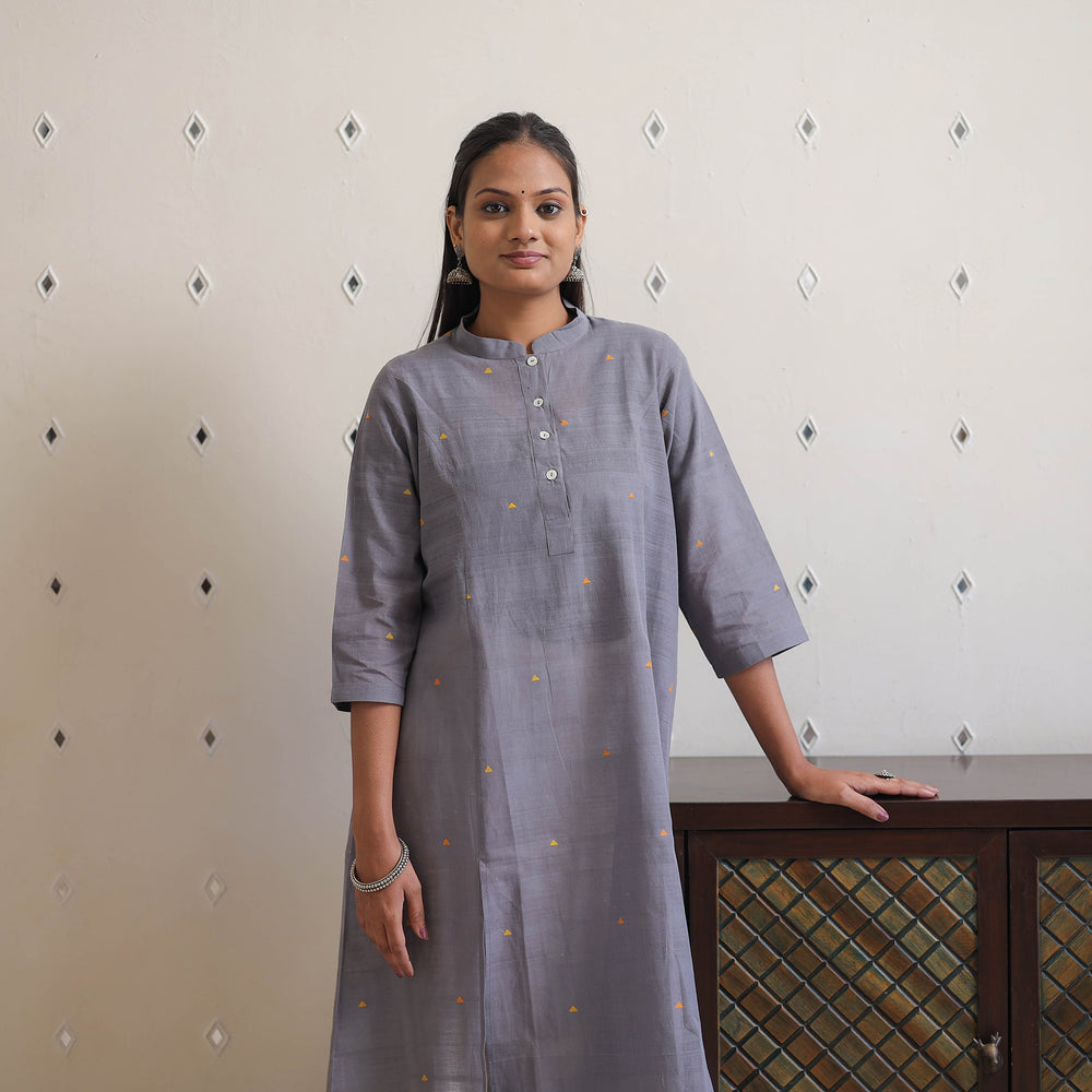 Grey - Handwoven Cotton Angrakha Jamdani Kurta 39