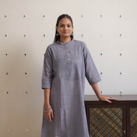 Grey - Handwoven Cotton Angrakha Jamdani Kurta 39