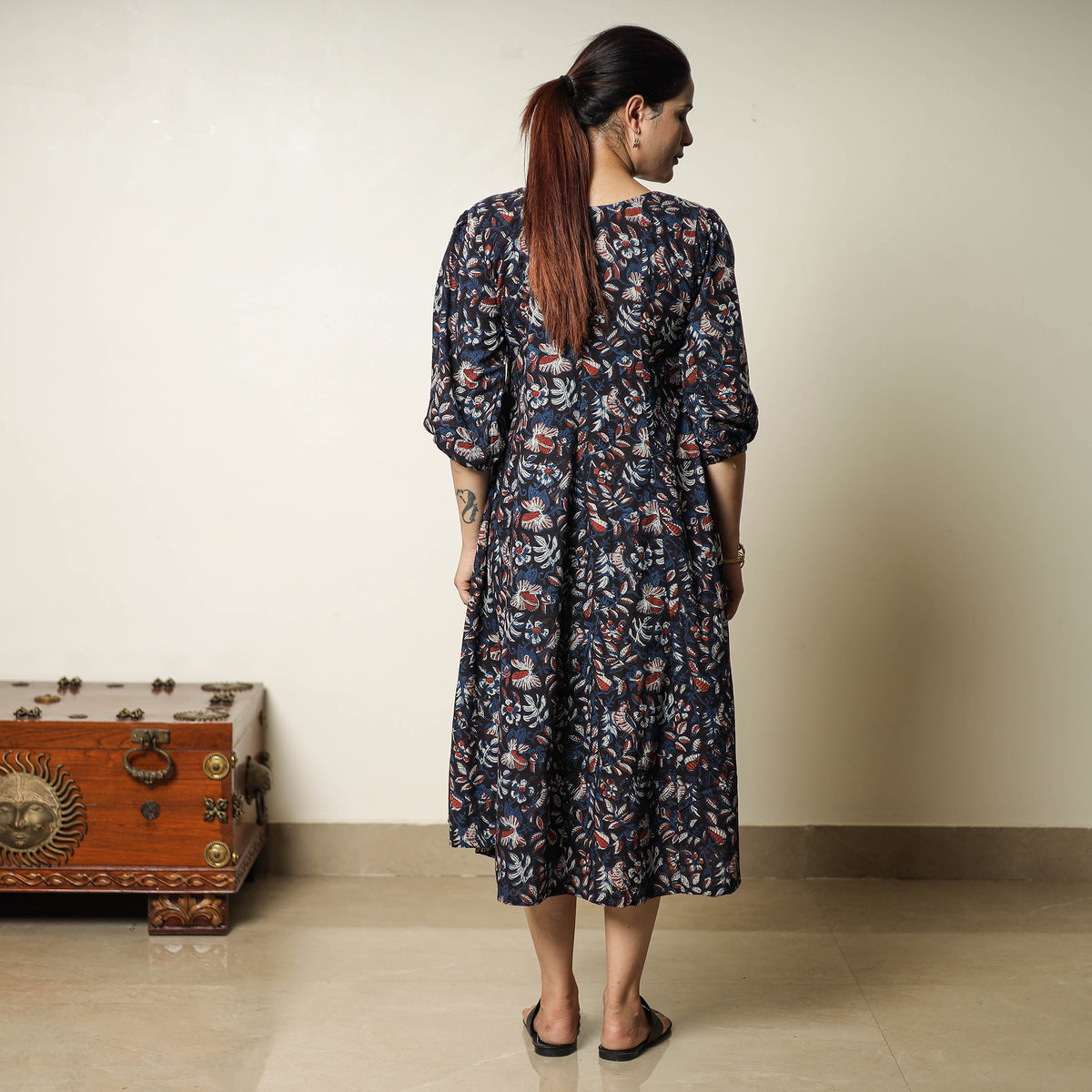 Blue - Bagru Block Printed Cotton Flared Dress 05