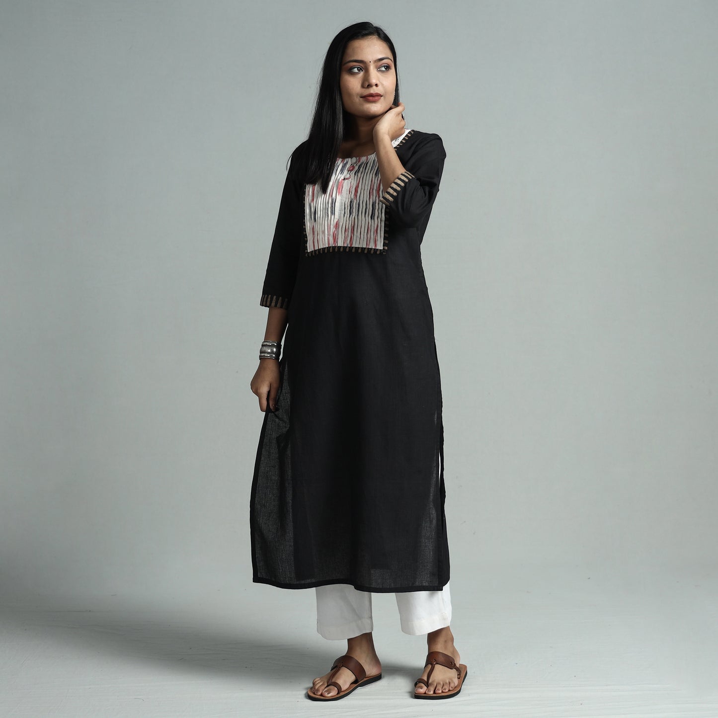 Black - Dharwad Cotton Straight Kurta with Pintuck Ikat Patchwork