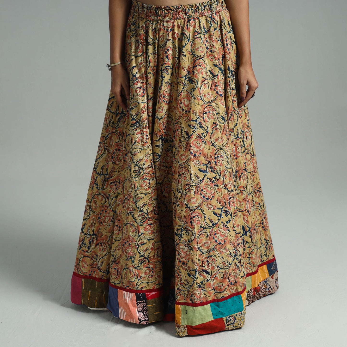 Yellow - Hand Block Printed Cotton Long Kalamkari Skirt 06