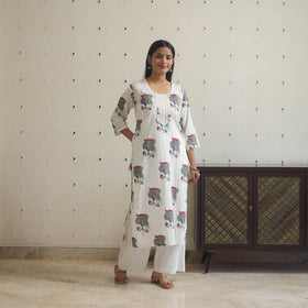 White Block Print Cotton Straight Sanganeri Kurta for Women
