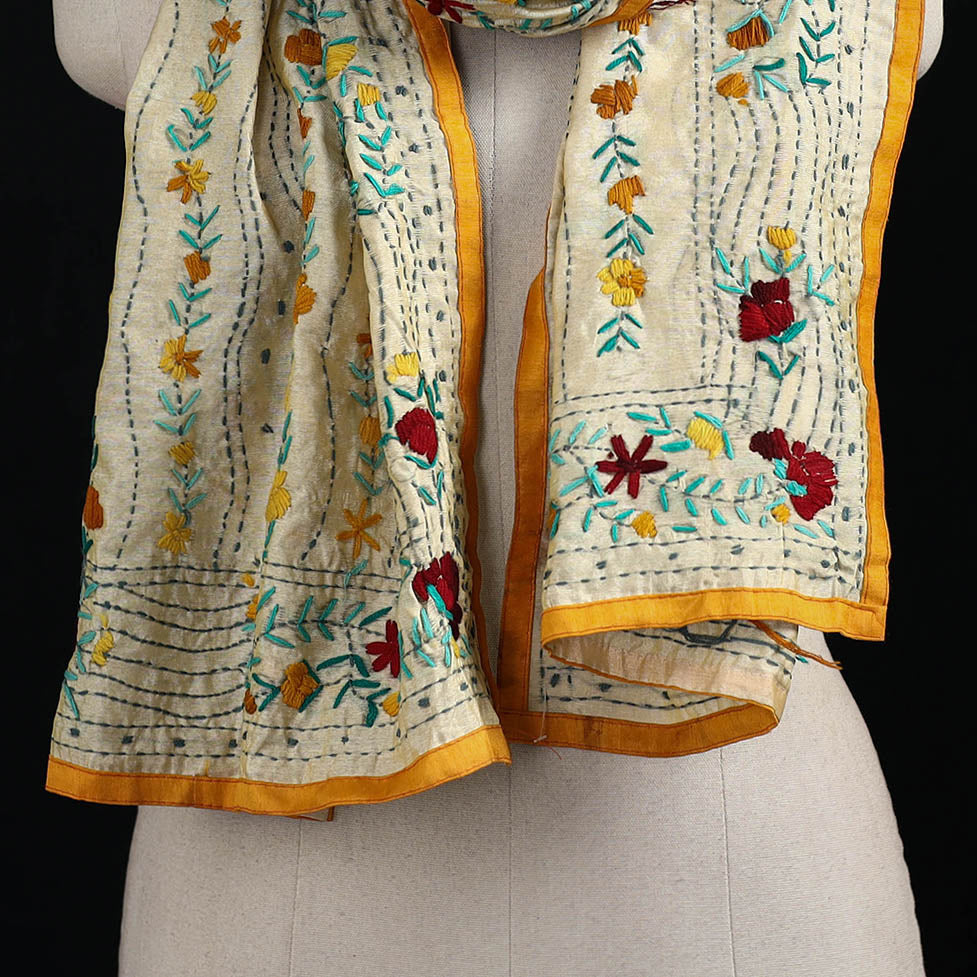 Beige - Ranihati Chanderi Silk Hand Embroidered Stole 106
