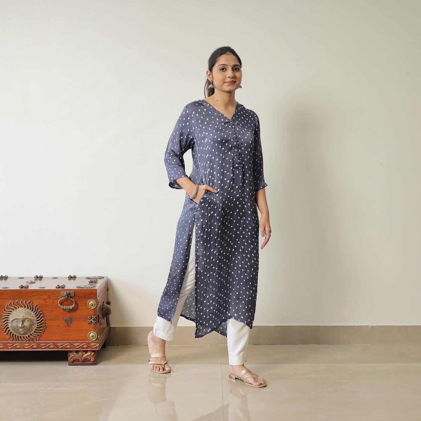 Blue - Tie & dye Modal Silk Straight Bandhani Kurta 05