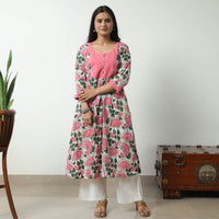 Pink - Sanganeri Block Printed Cotton A-Line Kurta with Jacquard Patchwork 01