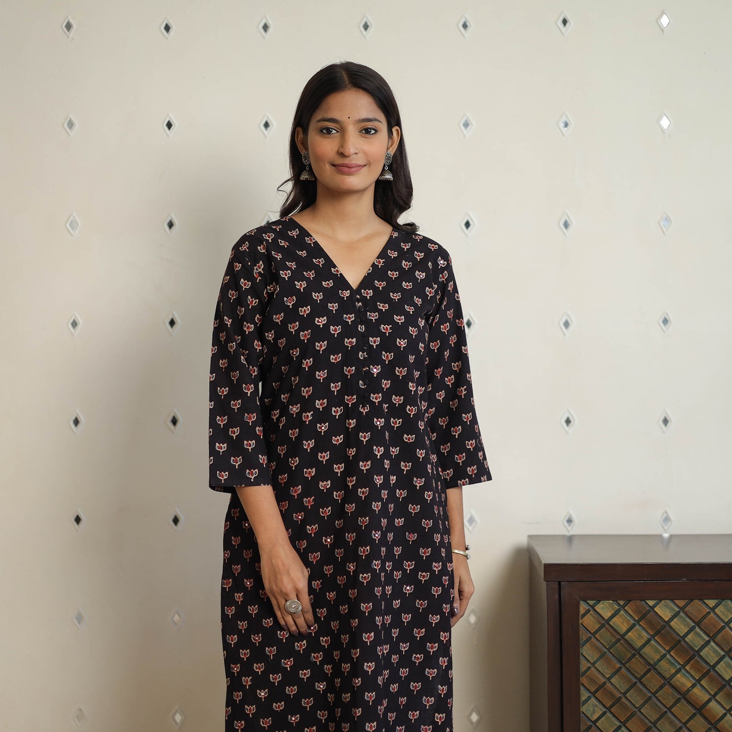 Black - Sequins Work Cotton Straight Ajrakh Print Kurta 03