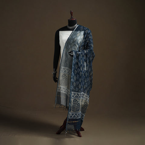 Blue - Pipad Hand Block Print Natural Dyed Kota Doria Cotton Dupatta 18