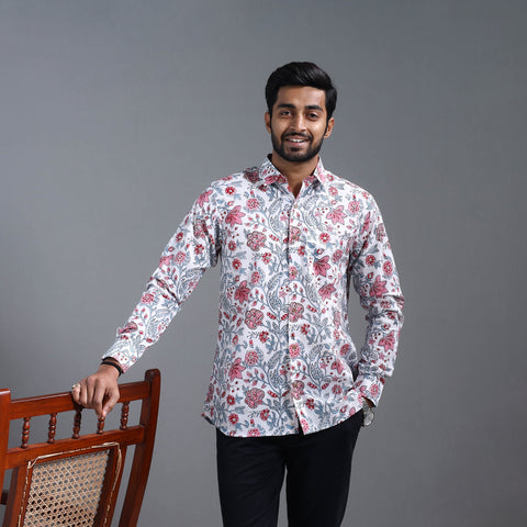 White - Sanganeri Block Printed Cotton Men Full Sleeve Shirt 08