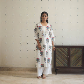 White Block Print Cotton Straight Sanganeri Kurta for Women