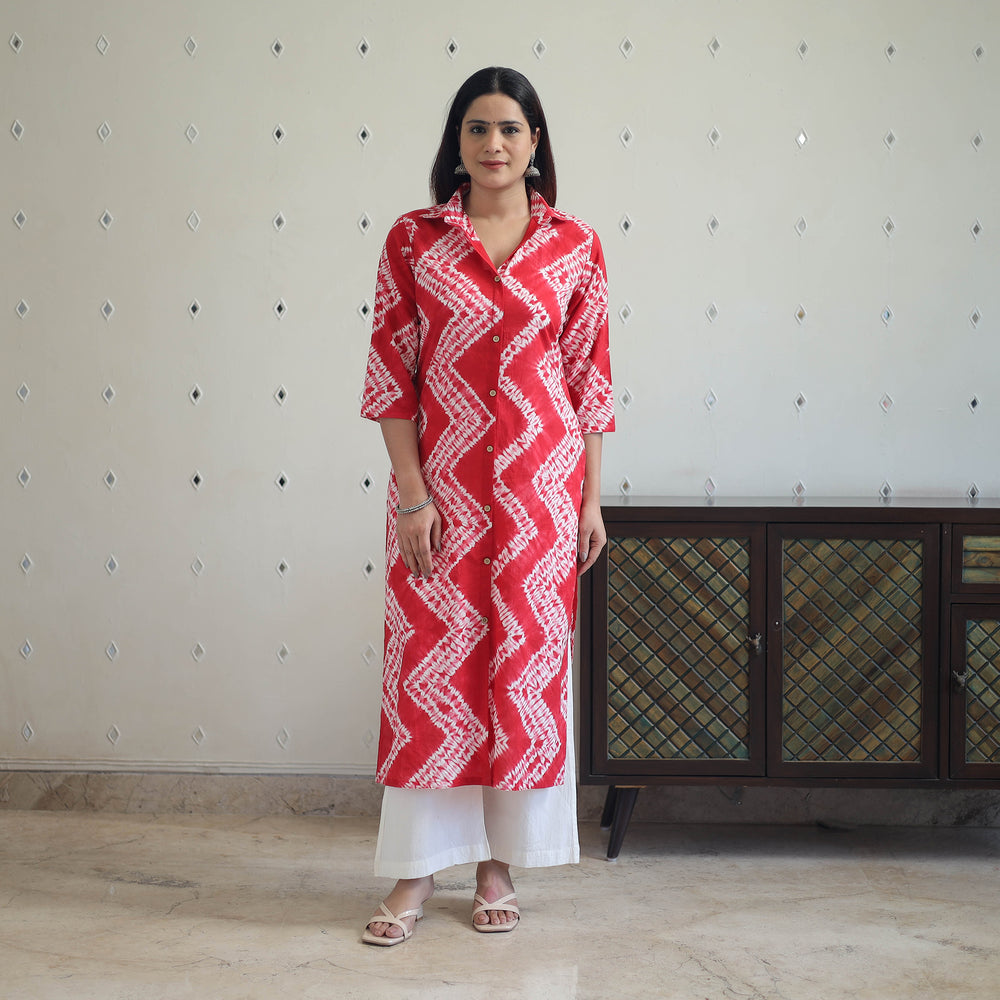 Red - Tie & Dye Cotton Straight Shibori Kurta 16