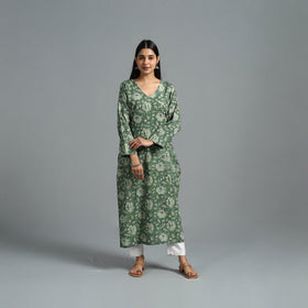 Buy Green Block Printed Cotton Straight Bagru Kurta