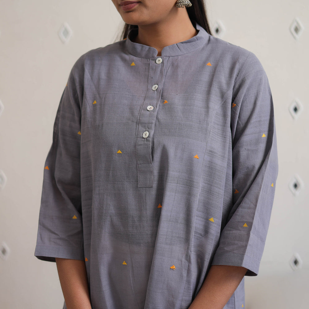 Grey - Handwoven Cotton Angrakha Jamdani Kurta 39