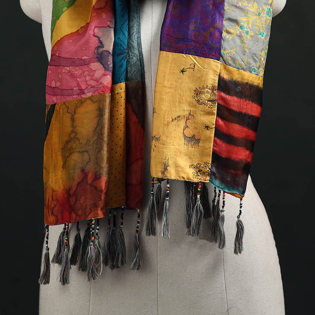 Pure Silk Reversible Patchwork Stole with Tassels 26