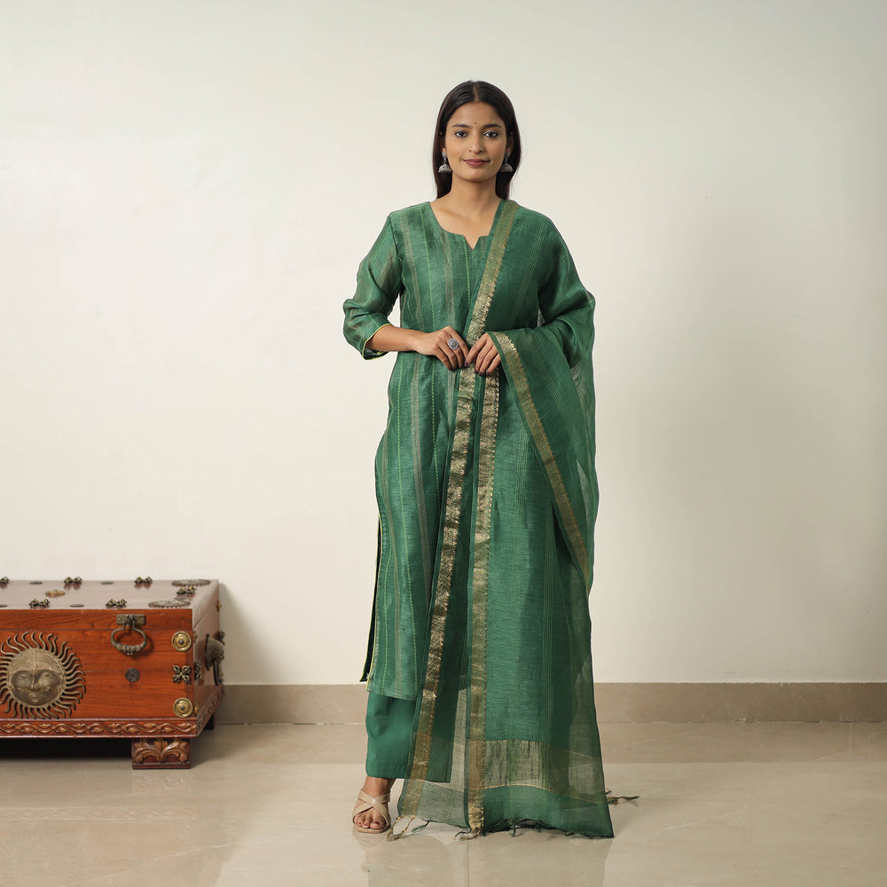 Green - Elegant Linen Silk Handloom Plain Kurta Set 05