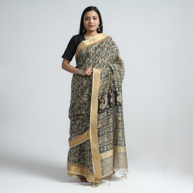 Beige Original Pedana Kalamkari Block Print Chanderi Silk Saree