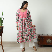 Pink - Sanganeri Block Printed Cotton A-Line Kurta with Jacquard Patchwork 01