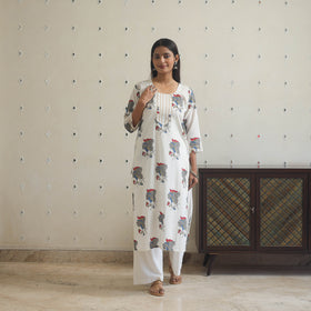White Block Print Cotton Straight Sanganeri Kurta for Women